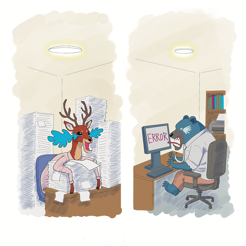 書類の山に埋もれる鹿と、ERRORに悩むクマのイラスト——あなたの会社の「今」はここにありませんか